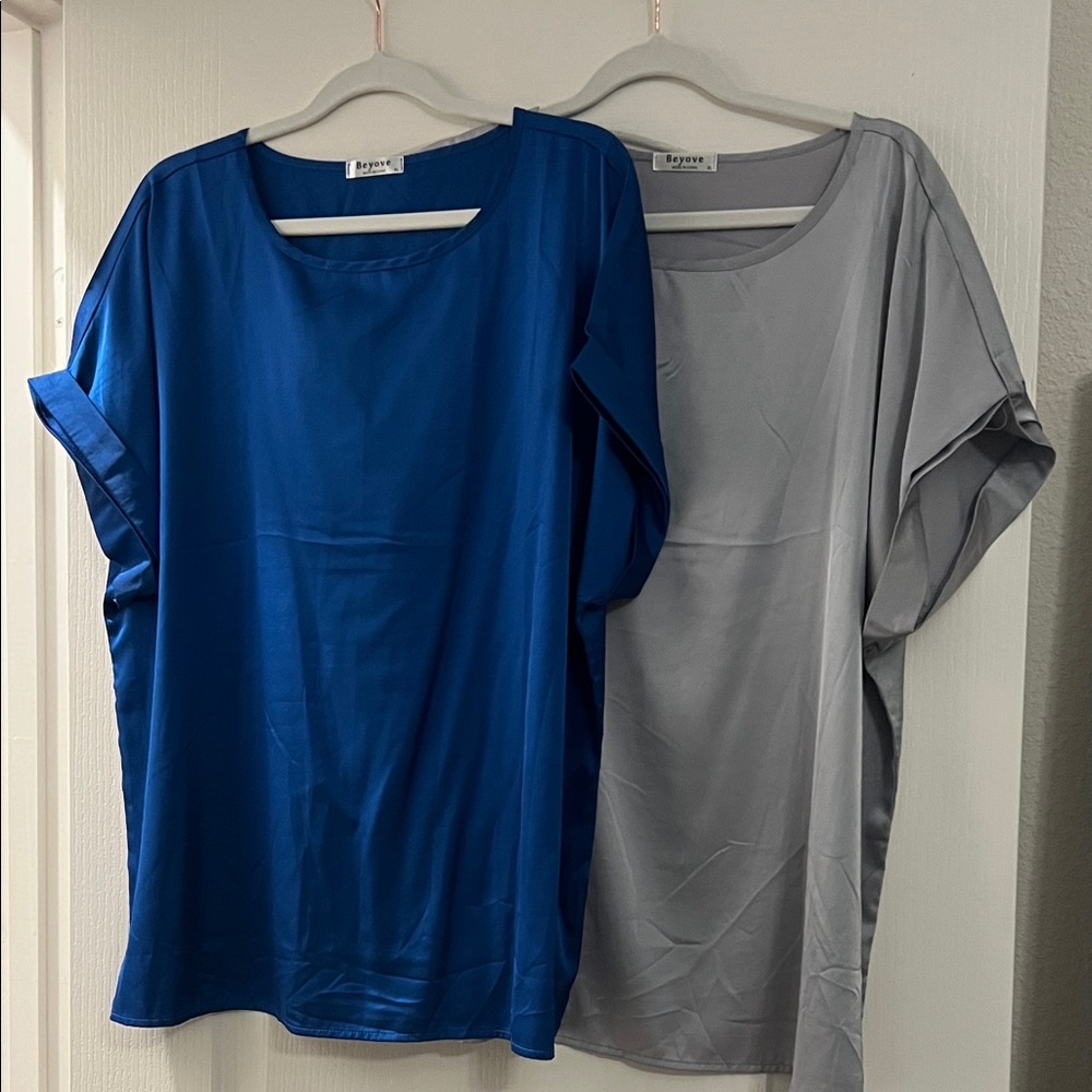 Beyove Blue & Gray Satin Tops